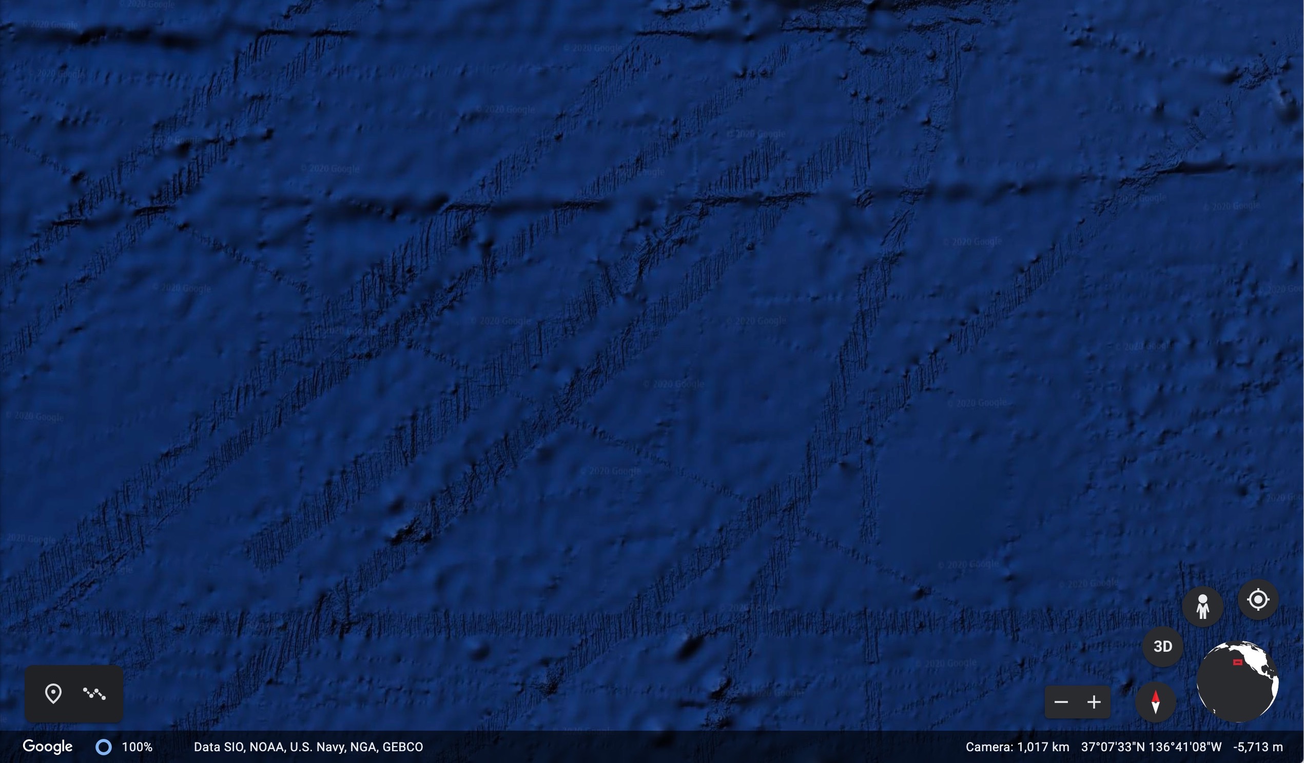 Screenshot from Google Earth that shows anomalous bands on the ocean floor