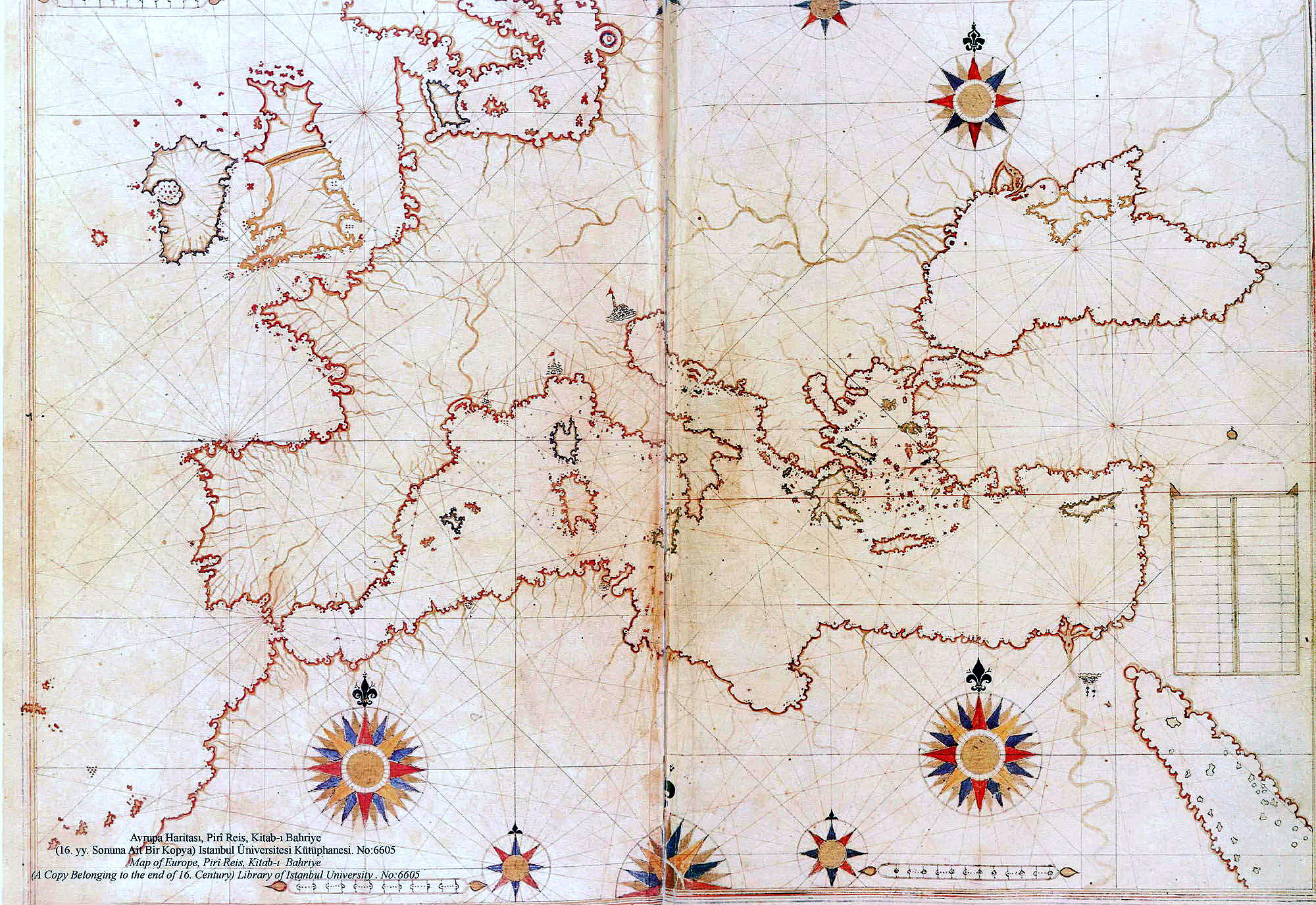 Map by Piri Reis of the Mediterranean and Europe, from between 1511 and 1525